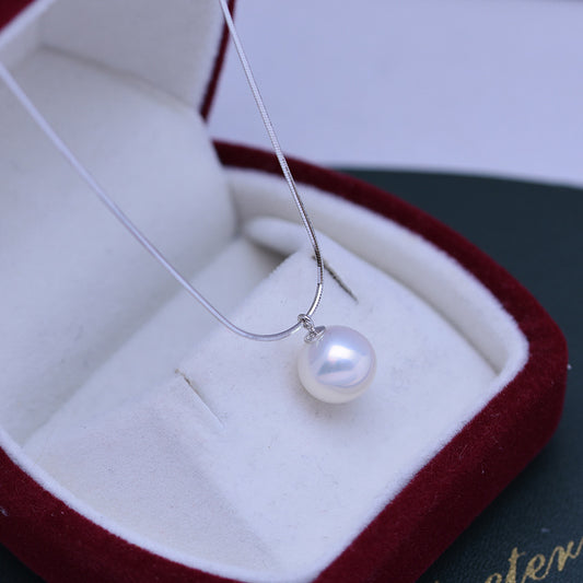 Water 9-10mm White Perfect Circle Fine Micro Flaw Pearl Pendant Female S925 Silver Snake Bone Necklace Adjustable