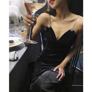 Black Diamond Decorations V-neck Strap Velvet Dress