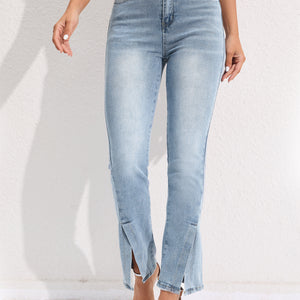 Commuter Split Straight Pants Fashionable Stretch Washed Jeans