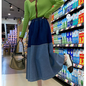 Women's Spring Plus Size Retro Blue Stitching High Waist Denim Skirt