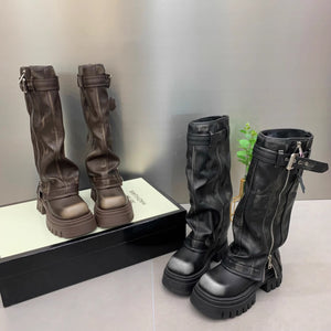 Genuine Leather Slip On Heavy Industry Zipper High-top Pantyhose Boots