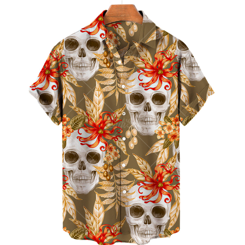 Men's Halloween Short Sleeve Printing Lapel Cardigan Top Summer Cartoon Unique Shirt