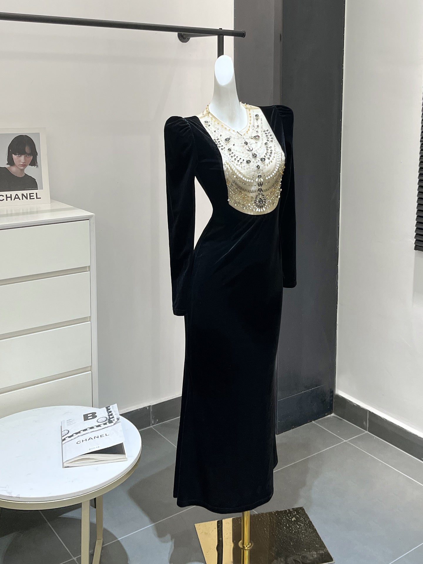 Black Heavy Industry Velvet Beads Dress Female Autumn Dress