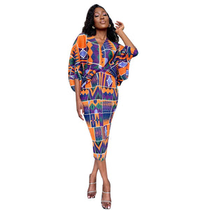 V-neck Batwing Sleeve Printing Dress