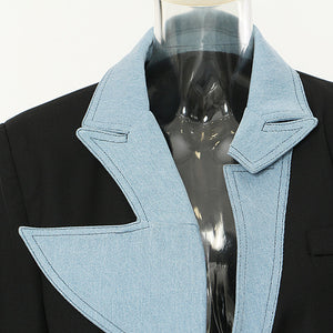 Autumn New Denim Stitching Asymmetric Suit Jacket
