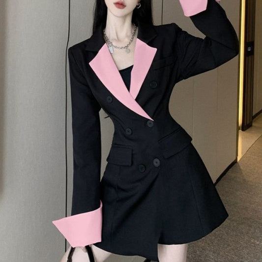 High Sense Design Contrast Color Suit Long Sleeve Slim Fit Dress