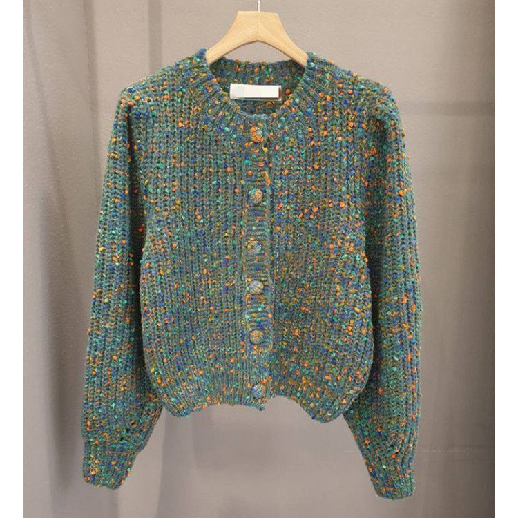 Fashion Round Neck Button Mixed Color Knitted Short Coat