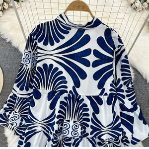 Summer Women's Retro Flared Long Sleeve V-neck Printed Dress