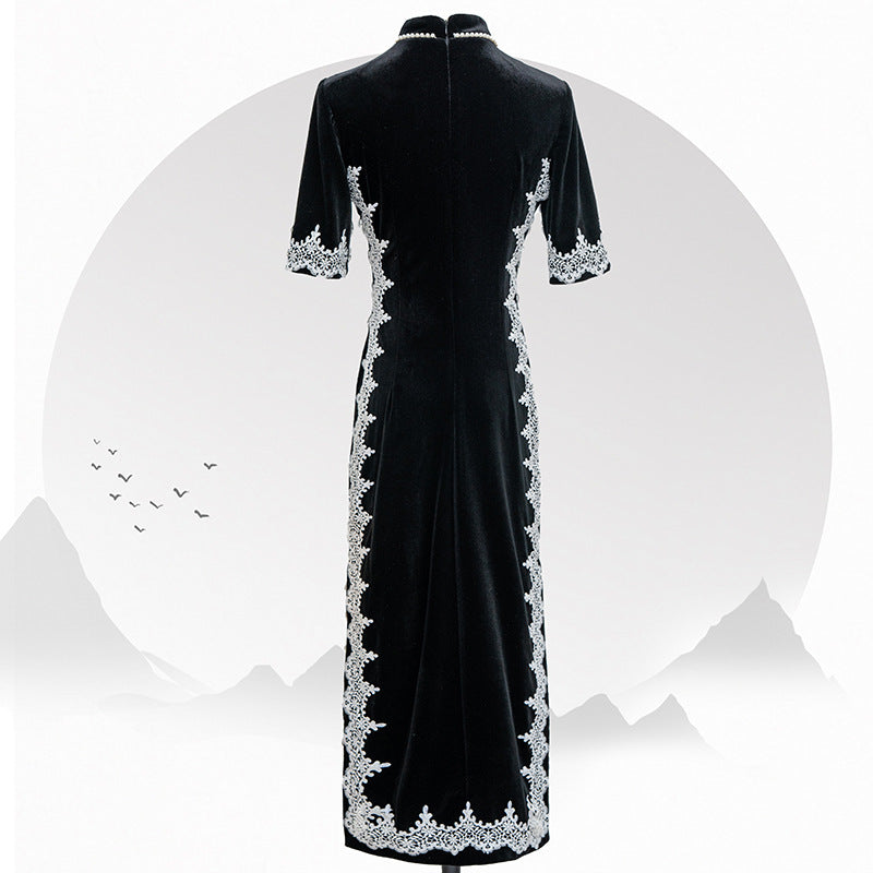 Black Velvet Cheongsam Temperament Retro Dress
