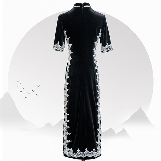 Black Velvet Cheongsam Temperament Retro Dress