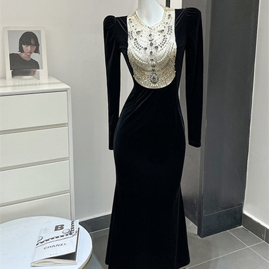 Black Heavy Industry Velvet Beads Dress Female Autumn Dress