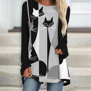 2020 Stylish Loose Round Neck Digital Printed Long-sleeved Top