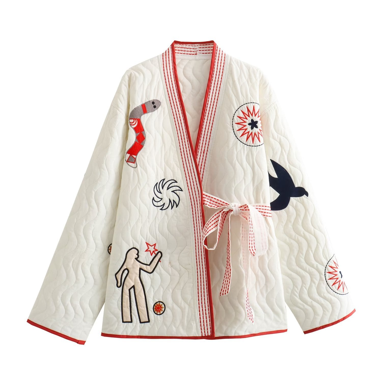 European And American Style Fashion Temperament V-neck Long Sleeve Embroidery Tie-neck Short Coat