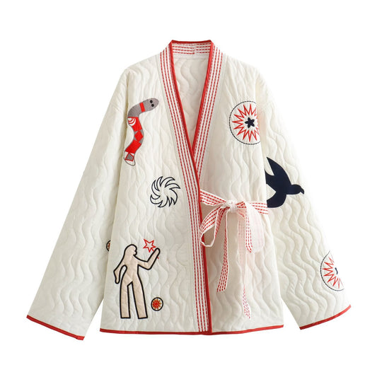 European And American Style Fashion Temperament V-neck Long Sleeve Embroidery Tie-neck Short Coat