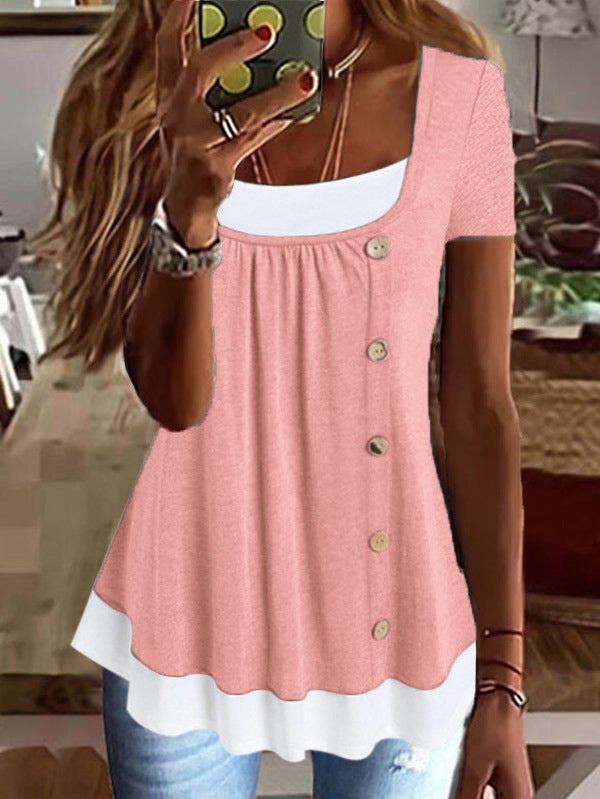 Round Neck Loose Pleated False Two-piece Suit T-shirt Top