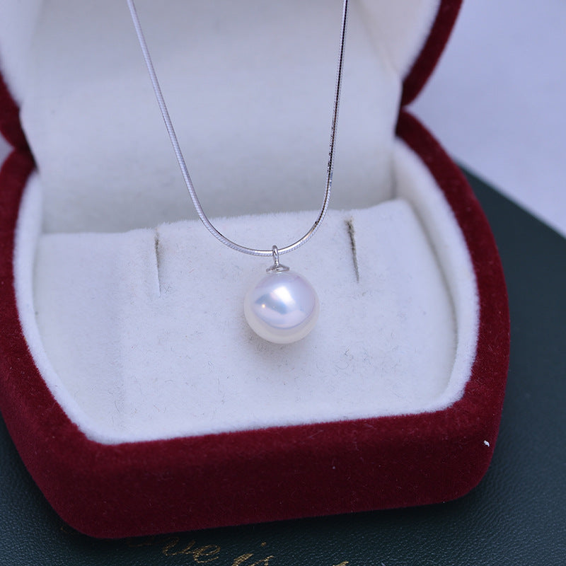Water 9-10mm White Perfect Circle Fine Micro Flaw Pearl Pendant Female S925 Silver Snake Bone Necklace Adjustable
