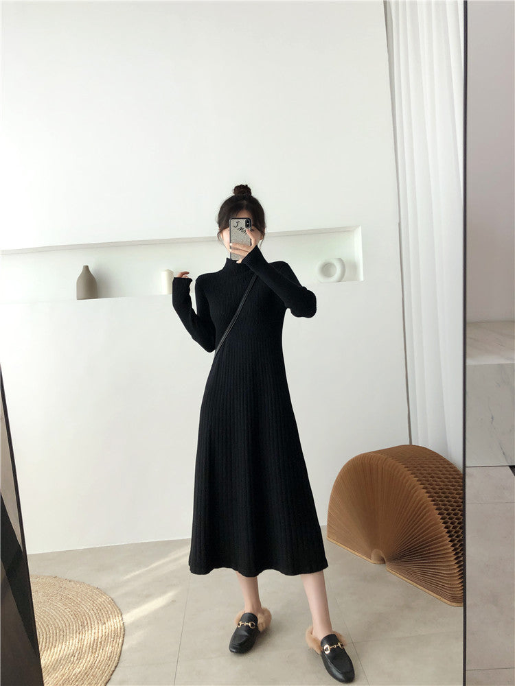 Half Turtleneck Base Ride A- Line Woolen Skirt Women