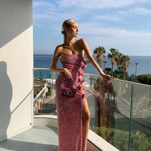 Women's Off-shoulder Slimming Sequins Backless Bow Split Tight Long Dress