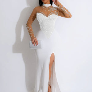 Women's Rhinestone Pearl See-through Waist-tight Stretch Split Dress