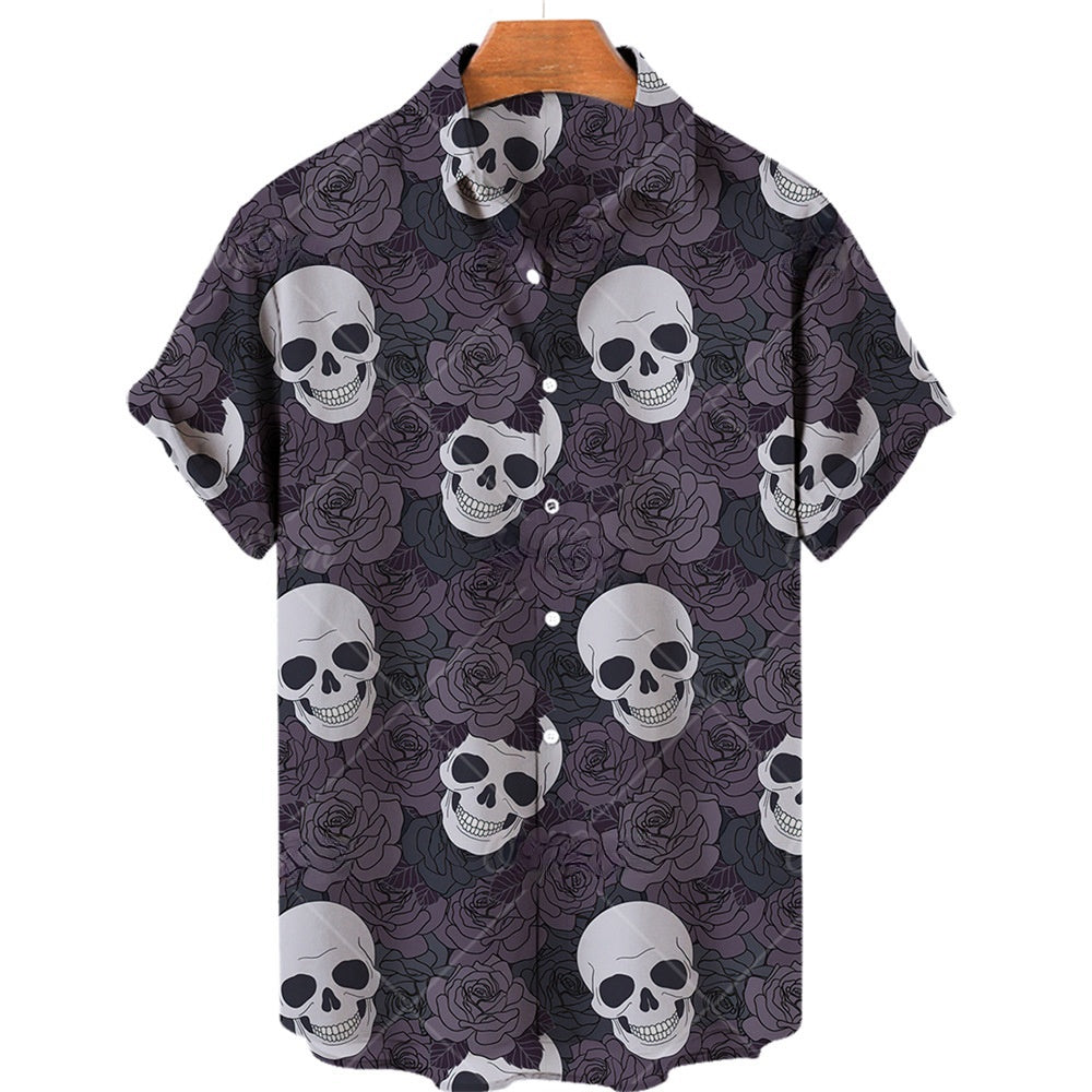 Men's Halloween Short Sleeve Printing Lapel Cardigan Top Summer Cartoon Unique Shirt