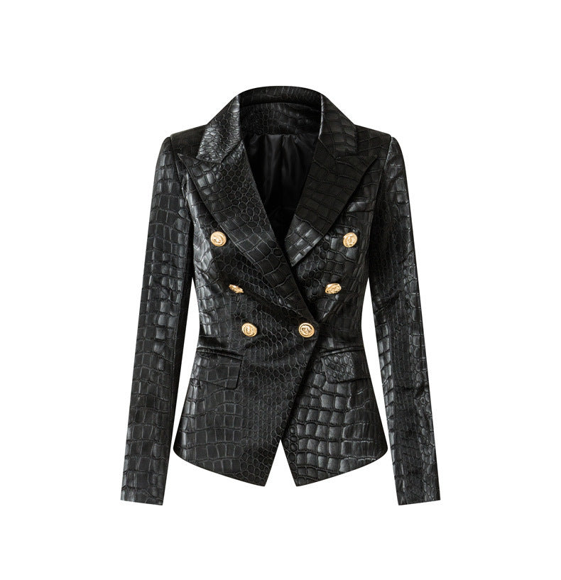 Suit Crocodile Leather Coat Slim-fit Top Metal Buckle Waist-tight Jacket