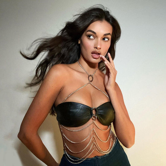 European And American PU Leather Cross Neck Hanging Chain Outer Wear Inner Wear Tube Top