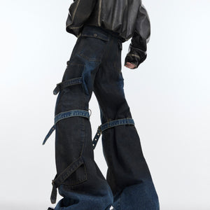 Retro Lace-up Design Feeling Slightly Pull Denim Niche Metal Buckle Casual Trousers