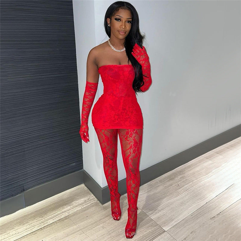 Lace Tube Top High Waist Tight Body Stocking Long Pants Suit