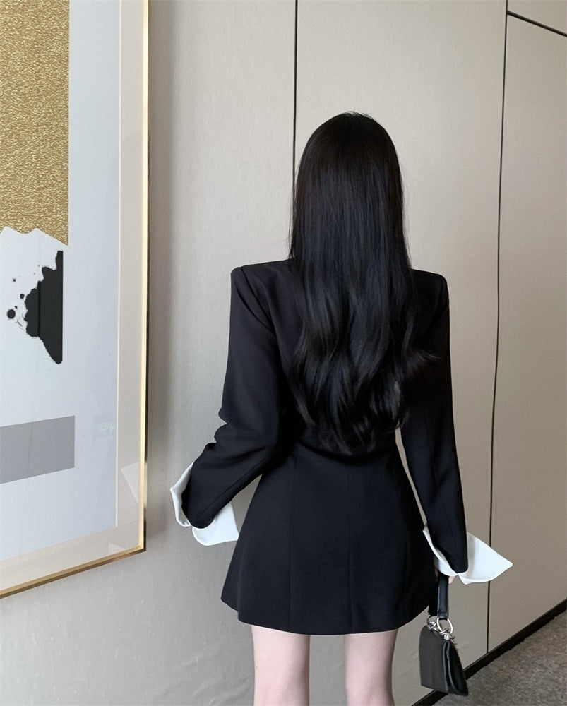 High Sense Design Contrast Color Suit Long Sleeve Slim Fit Dress