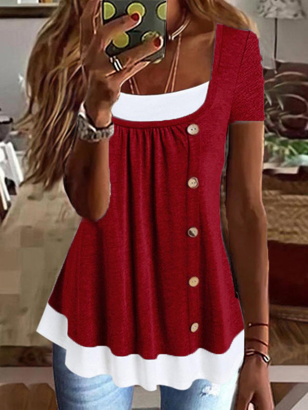 Round Neck Loose Pleated False Two-piece Suit T-shirt Top