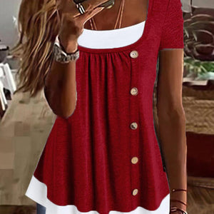 Round Neck Loose Pleated False Two-piece Suit T-shirt Top