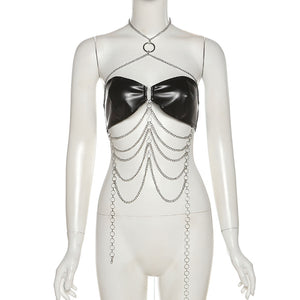European And American PU Leather Cross Neck Hanging Chain Outer Wear Inner Wear Tube Top