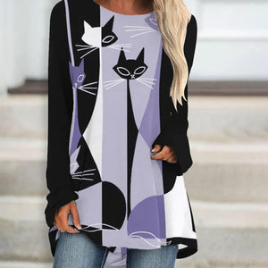 2020 Stylish Loose Round Neck Digital Printed Long-sleeved Top