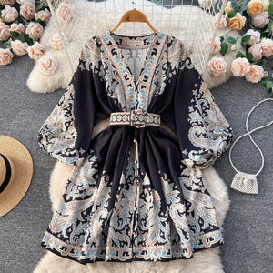 Printed Lantern Sleeve Midi Dress