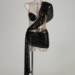 Sexy See-through Sequins Elegant Shoulder Stitching Dress