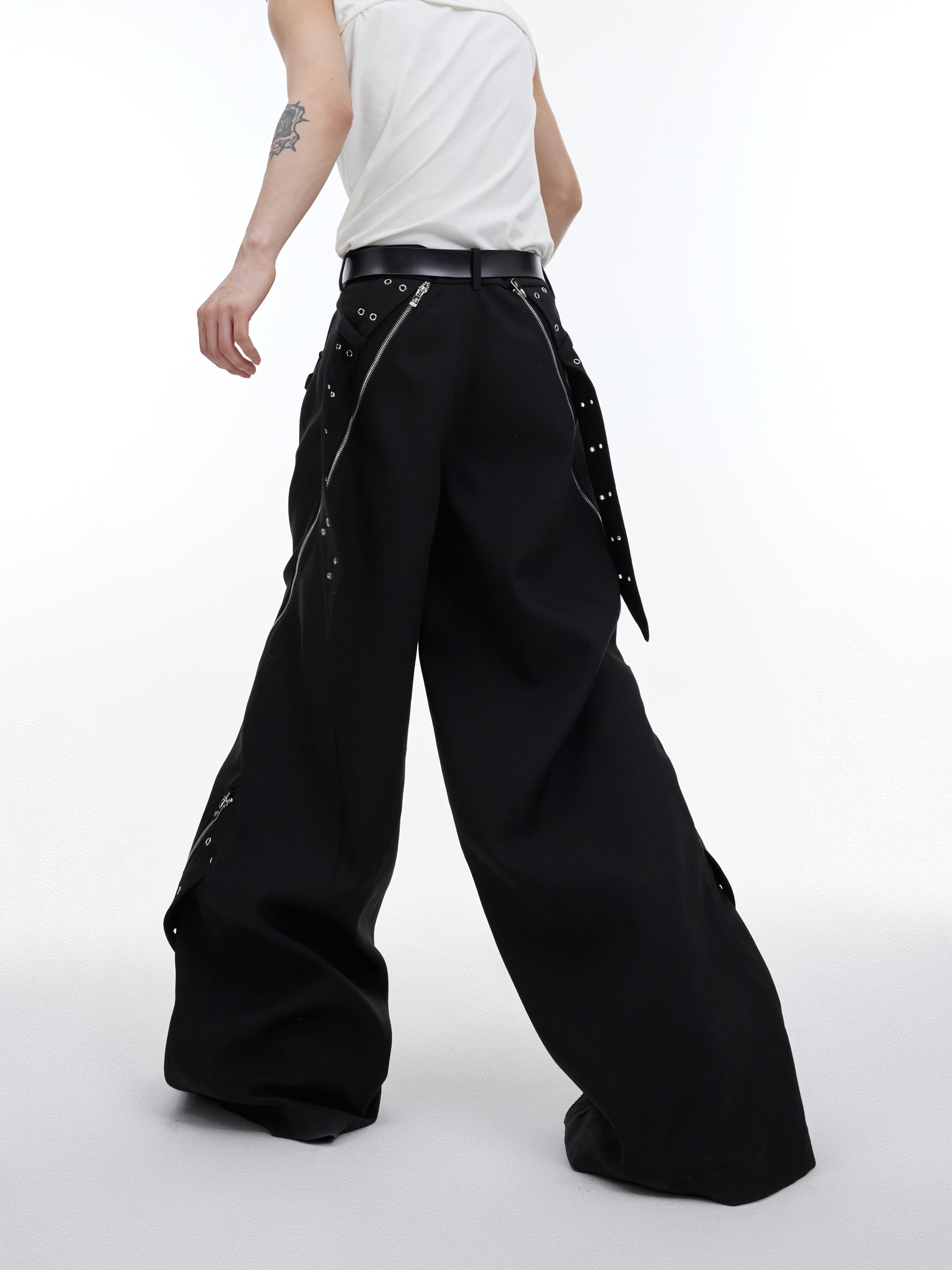 Metal Zipper Design Sense Wide Leg Loose Draped Casual Pants Men