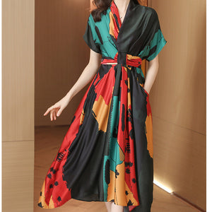 Simple Women's Clothing Short Sleeve Printed Large Swing Dress