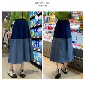 Women's Spring Plus Size Retro Blue Stitching High Waist Denim Skirt