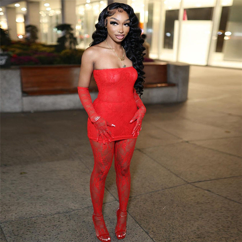 Lace Tube Top High Waist Tight Body Stocking Long Pants Suit
