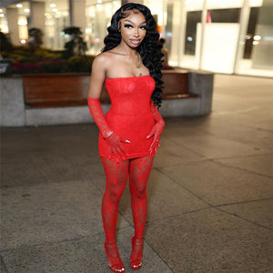 Lace Tube Top High Waist Tight Body Stocking Long Pants Suit