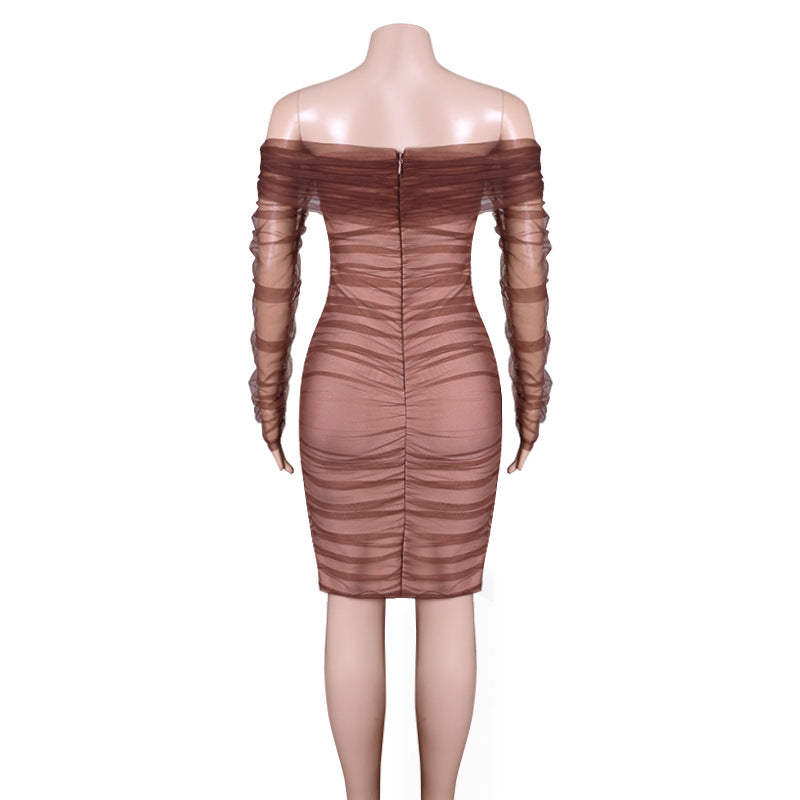 One Line Neck Mesh Pleated Sexy Nightclub Tight Fitting Bandage Long Sleeved Dress