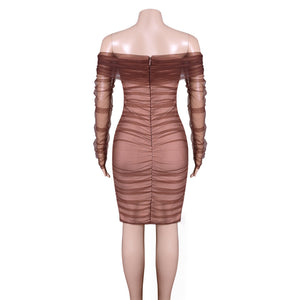 One Line Neck Mesh Pleated Sexy Nightclub Tight Fitting Bandage Long Sleeved Dress
