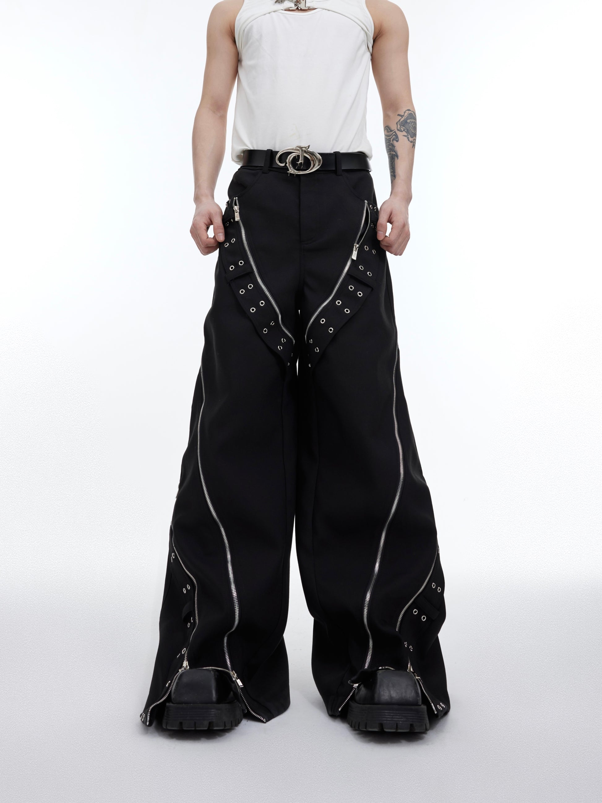 Metal Zipper Design Sense Wide Leg Loose Draped Casual Pants Men