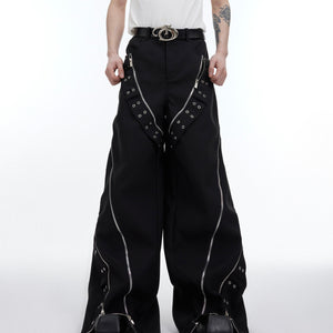 Metal Zipper Design Sense Wide Leg Loose Draped Casual Pants Men