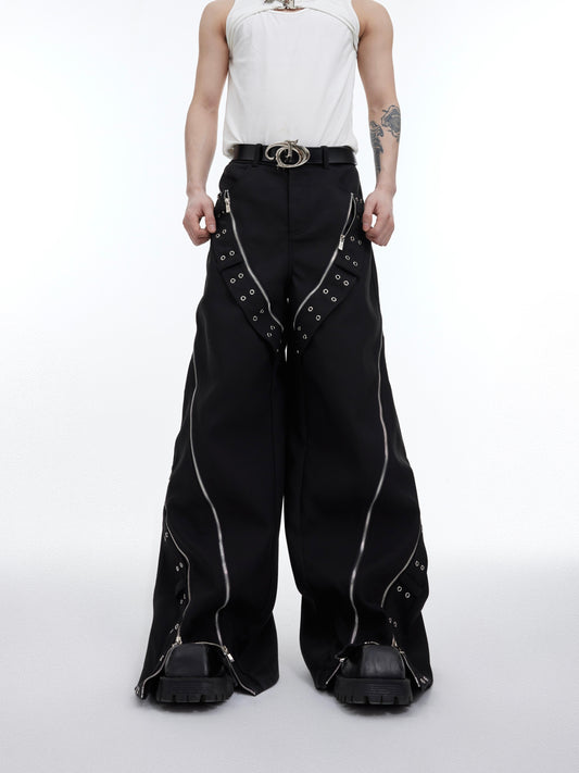 Metal Zipper Design Sense Wide Leg Loose Draped Casual Pants Men