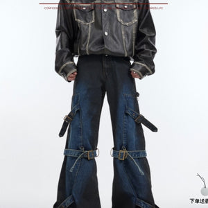 Retro Lace-up Design Feeling Slightly Pull Denim Niche Metal Buckle Casual Trousers