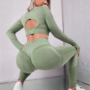 2pcs Sports Suits Long Sleeve Hollow Design Tops And Butt Lifting High Waist