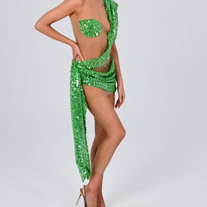 Sexy See-through Sequins Elegant Shoulder Stitching Dress