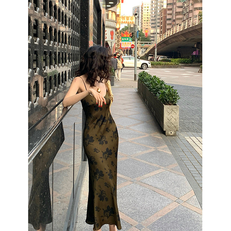 Printed Suspender Fishtail Midi Dress