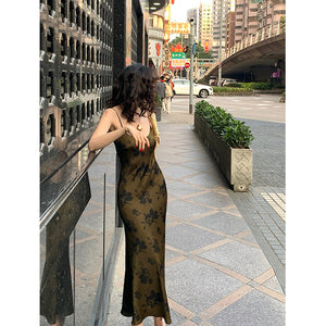 Printed Suspender Fishtail Midi Dress